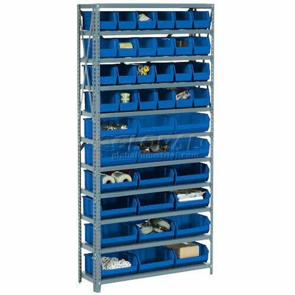 Global Industrial Steel Open Shelving, 21 Blue Plastic Stacking Bins 8 Shelves, 36 x18 x 73 506207BL